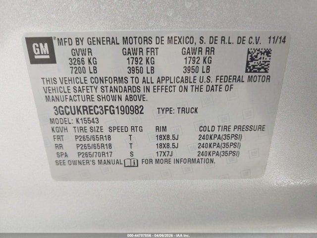 3GCUKREC3FG190982 Chevrolet Silverado 1500 2lt