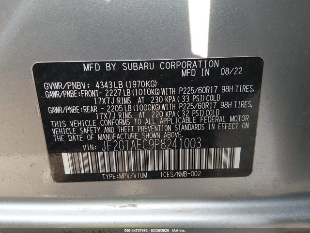 Aukcja sprzedaży 2023 Subaru Crosstrek Premium, vin: JF2GTAEC9P8241003, numer aukcji: 44707863