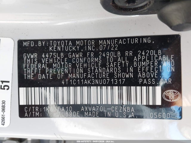 Aukcja sprzedaży 2022 Toyota Camry Le, vin: 4T1C11AK3NU071317, numer aukcji: 44707871