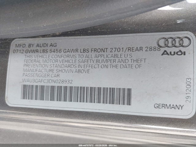 44707872 :رقم المزاد ، WAU3GAFC3DN028932 vin ، 2013 Audi A7 3.0t Premium مزاد بيع