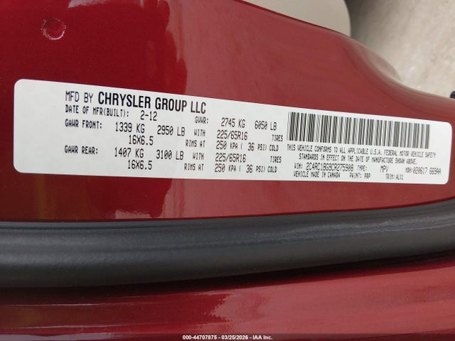 44707875 :رقم المزاد ، 2C4RC1BG9CR275908 vin ، 2012 Chrysler Town & Country Touring مزاد بيع