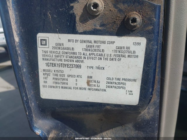 Aukcja sprzedaży 2000 Gmc Sierra 1500 Sle, vin: 1GTEK19T0YE237069, numer aukcji: 44707883
