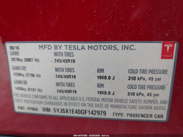 Aukcja sprzedaży 2016 Tesla Model S 90d/p100d/p85d/p90d, vin: 5YJSA1E40GF142979, numer aukcji: 44707888