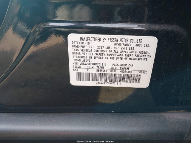 44707889 :رقم المزاد ، JN1AJ0HPXAM701614 vin ، 2010 Infiniti Ex35 Journey مزاد بيع