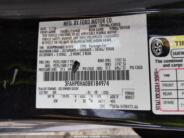 2011 FORD FUSION 3FAHP0HA0BR184974 Photo 8