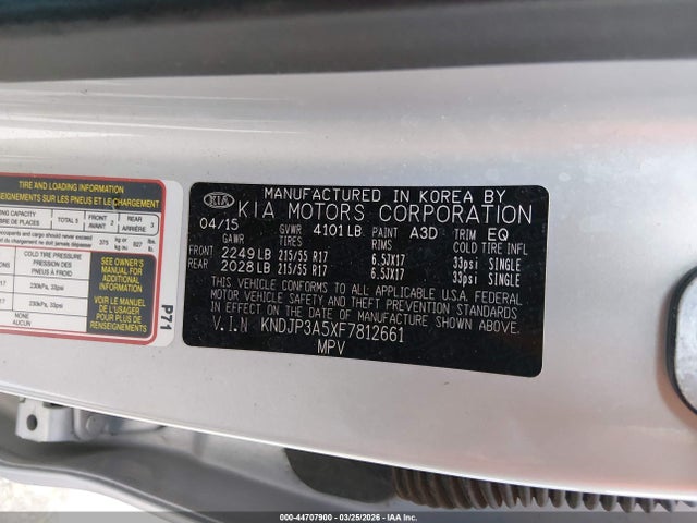 44707900 :رقم المزاد ، KNDJP3A5XF7812661 vin ، 2015 Kia Soul + مزاد بيع