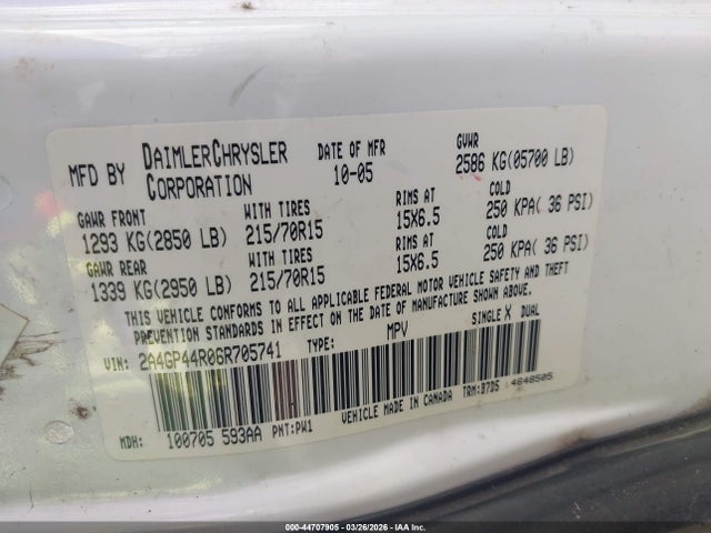 44707905 :رقم المزاد ، 2A4GP44R06R705741 vin ، 2006 Chrysler Town & Country Lx مزاد بيع