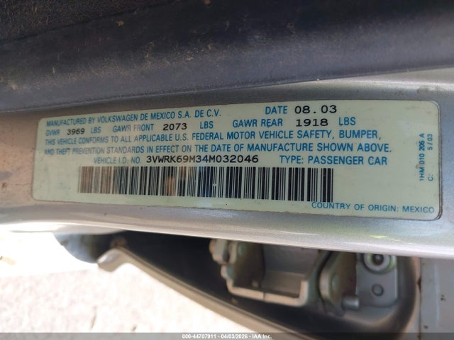 Aukcja sprzedaży 2004 Volkswagen Jetta Gl, vin: 3VWRK69M34M032046, numer aukcji: 44707911