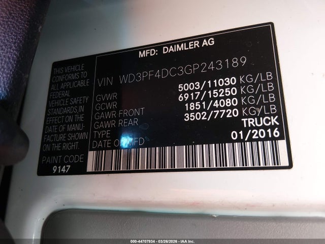 Продаж на аукціоні авто 2016 Mercedes-benz Sprinter 3500 High Roof, vin: WD3PF4DC3GP243189, номер лоту: 44707934