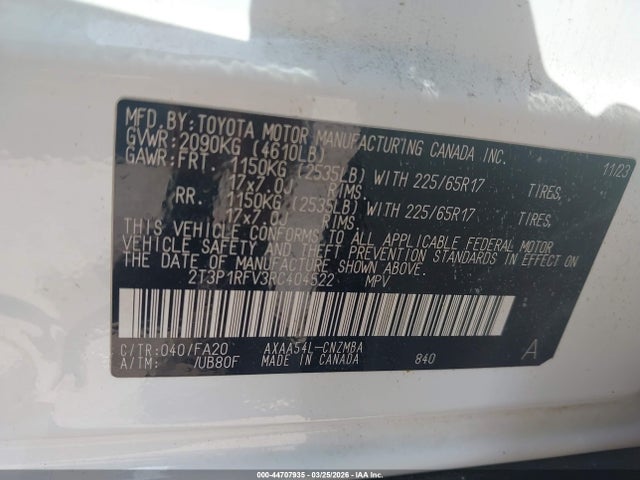 2024 Toyota Rav4 Xle მანქანა იყიდება აუქციონზე, vin: 2T3P1RFV3RC404522, აუქციონის ნომერი: 44707935