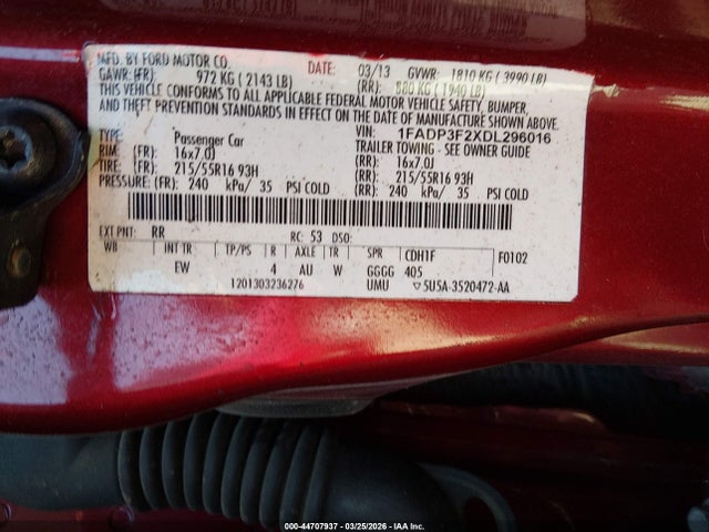 44707937 :رقم المزاد ، 1FADP3F2XDL296016 vin ، 2013 Ford Focus Se مزاد بيع