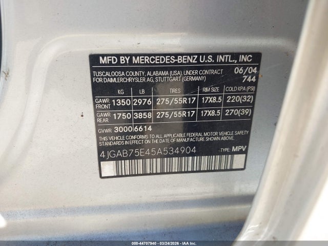 Aukcja sprzedaży 2005 Mercedes-benz Ml 500 4matic, vin: 4JGAB75E45A534904, numer aukcji: 44707940