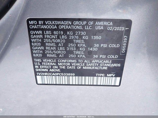 Aukcja sprzedaży 2023 Volkswagen Atlas 3.6l V6 Se W/technology, vin: 1V2HR2CA0PC533899, numer aukcji: 44707947