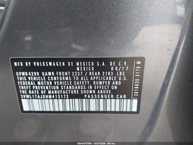 Продажа на аукционе авто 2017 Volkswagen Jetta 1.8t Sel/1.8t Sel Premium, vin: 3VWL17AJXHM413172, номер лота: 44707961