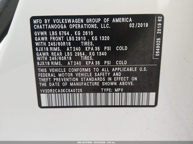 Продажа на аукционе авто 2019 Volkswagen Atlas 3.6l V6 Se, vin: 1V2DR2CA3KC540725, номер лота: 44707969