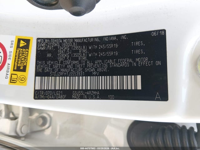44707983 :رقم المزاد ، 5TDJZRFH1JS553931 vin ، 2018 Toyota Highlander Se مزاد بيع