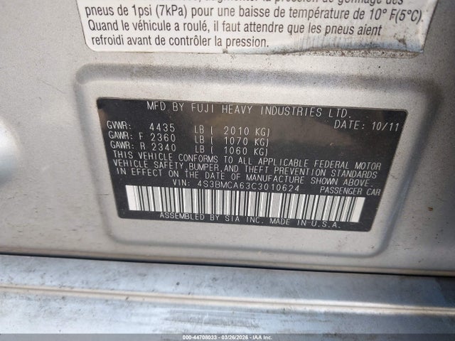 Aukcja sprzedaży 2012 Subaru Legacy 2.5i, vin: 4S3BMCA63C3010624, numer aukcji: 44708033