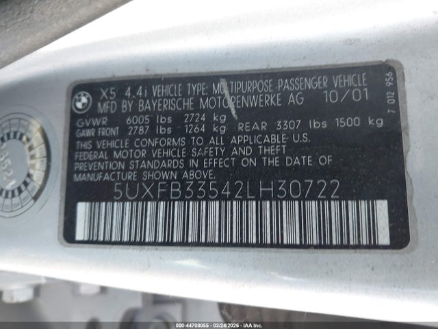 Продажа на аукционе авто 2002 Bmw X5 4.4i, vin: 5UXFB33542LH30722, номер лота: 44708055
