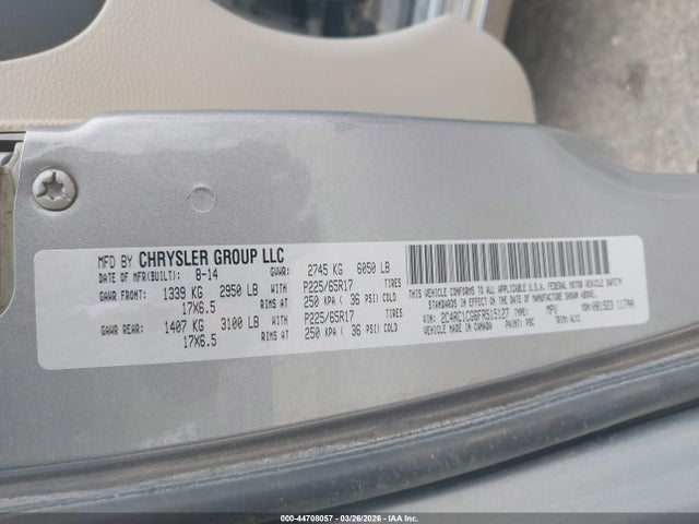 2015 Chrysler Town & Country Touring-l მანქანა იყიდება აუქციონზე, vin: 2C4RC1CG6FR515127, აუქციონის ნომერი: 44708057