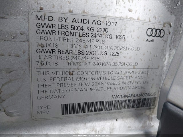 44708061 :رقم المزاد ، WA18NAF49JA074835 vin ، 2018 Audi A4 Allroad 2.0t Premium مزاد بيع