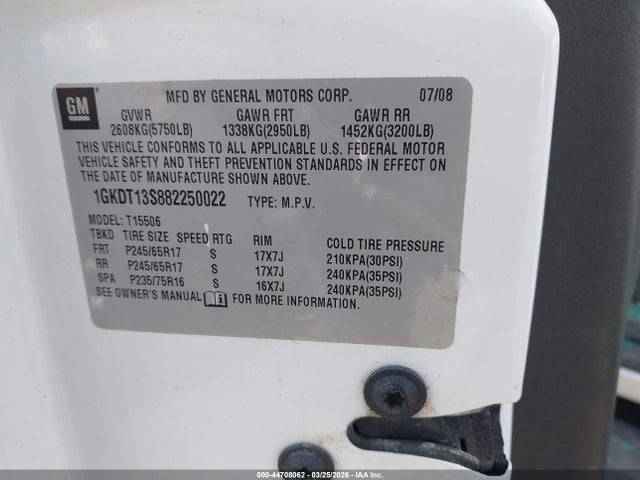 Продажа на аукционе авто 2008 Gmc Envoy Sle, vin: 1GKDT13S882250022, номер лота: 44708062