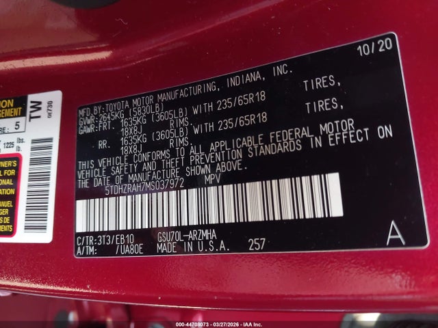 5TDHZRAH7MS037972 Toyota Highlander