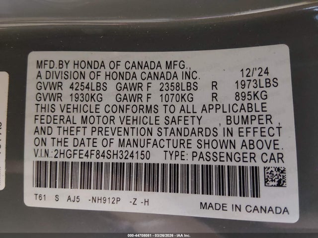 44708081 :رقم المزاد ، 2HGFE4F84SH324150 vin ، 2025 Honda Civic Hybrid Sport/sport Touring مزاد بيع