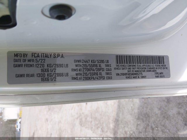 44708111 :رقم المزاد ، ZFBHRFAB5N6W85275 vin ، 2022 Ram Promaster City Cargo Van مزاد بيع