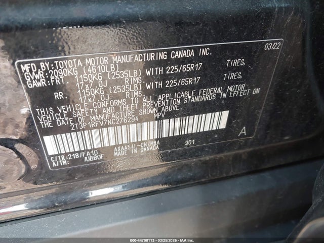 2022 Toyota Rav4 Xle მანქანა იყიდება აუქციონზე, vin: 2T3P1RFV7NC276294, აუქციონის ნომერი: 44708113