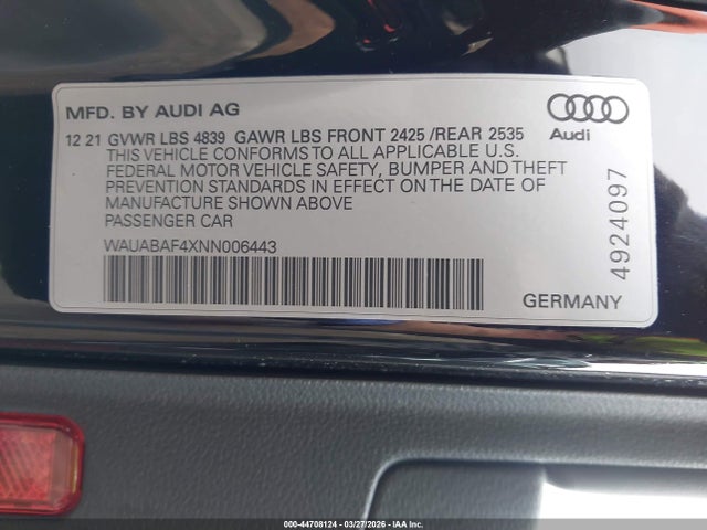 44708124 :رقم المزاد ، WAUABAF4XNN006443 vin ، 2022 Audi A4 Premium 40 Tfsi Quattro S Tronic مزاد بيع