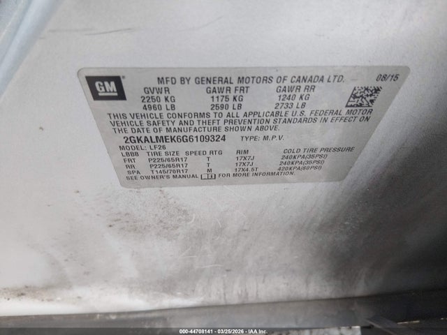 44708141 :رقم المزاد ، 2GKALMEK6G6109324 vin ، 2016 Gmc Terrain Sle-1 مزاد بيع
