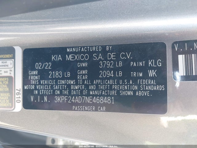 Aukcja sprzedaży 2022 Kia Forte Lxs, vin: 3KPF24AD7NE468481, numer aukcji: 44708166
