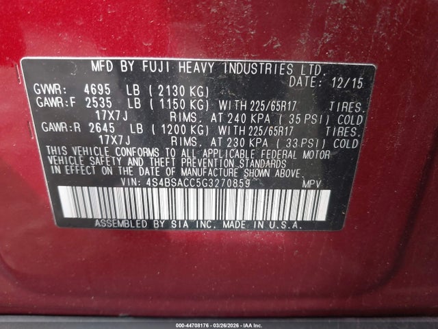 44708176 :رقم المزاد ، 4S4BSACC5G3270859 vin ، 2016 Subaru Outback 2.5i Premium مزاد بيع