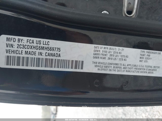 Продажа на аукционе авто 2021 Dodge Charger Gt Rwd, vin: 2C3CDXHG6MH569775, номер лота: 44708198