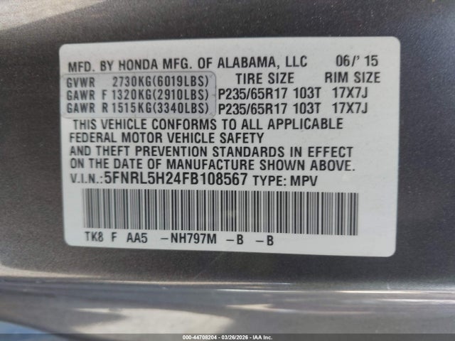 Honda ODYSSEY LX 2015 5FNRL5H24FB108567 Image 9