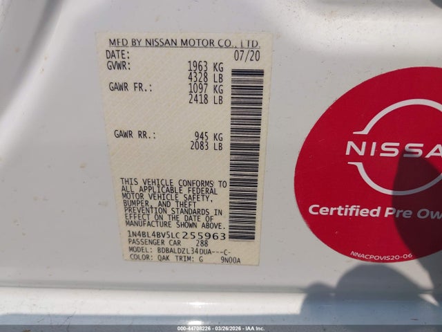 2020 Nissan Altima S Fwd მანქანა იყიდება აუქციონზე, vin: 1N4BL4BV5LC255963, აუქციონის ნომერი: 44708226