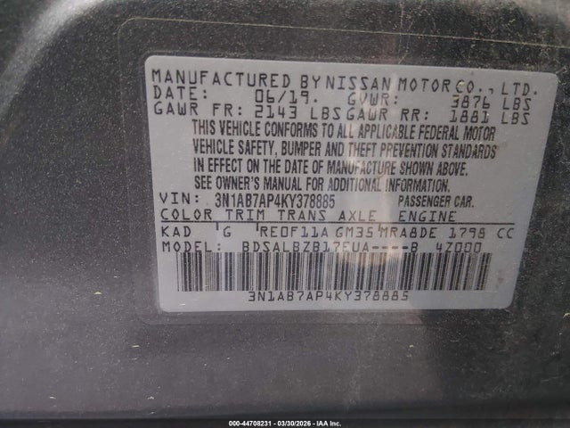 2019 Nissan Sentra S მანქანა იყიდება აუქციონზე, vin: 3N1AB7AP4KY378885, აუქციონის ნომერი: 44708231