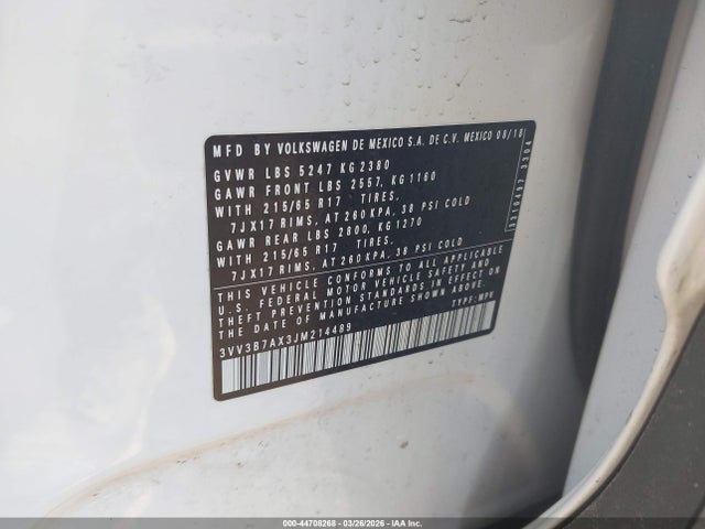 2018 Volkswagen Tiguan 2.0t Se/2.0t Sel მანქანა იყიდება აუქციონზე, vin: 3VV3B7AX3JM214489, აუქციონის ნომერი: 44708268