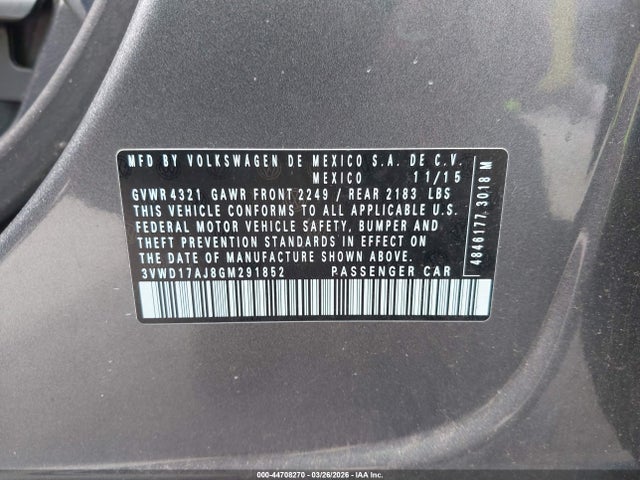 44708270 :رقم المزاد ، 3VWD17AJ8GM291852 vin ، 2016 Volkswagen Jetta 1.8t Sport مزاد بيع
