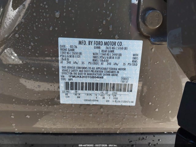 Aukcja sprzedaży 2026 Ford Explorer Tremor, vin: 1FMUK8JH3TGB04648, numer aukcji: 44708302