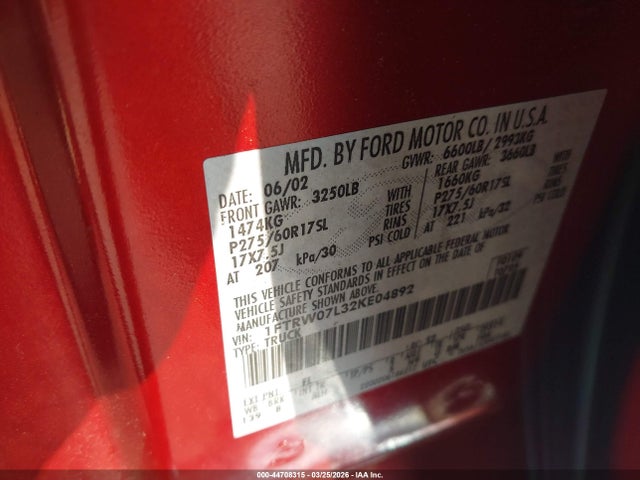 44708315 :رقم المزاد ، 1FTRW07L32KE04892 vin ، 2002 Ford F-150 Lariat/xlt مزاد بيع
