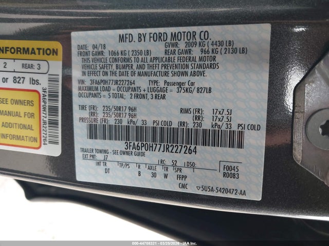 Ford FUSION SE 2018 3FA6P0H77JR227264 Image 9