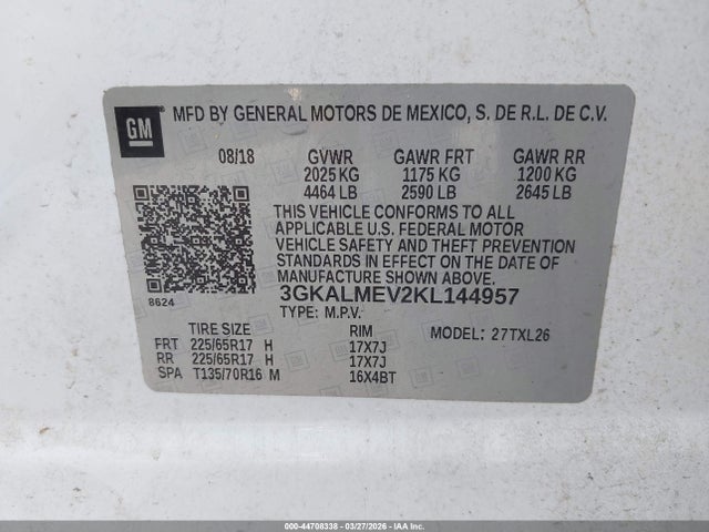 44708338 :رقم المزاد ، 3GKALMEV2KL144957 vin ، 2019 Gmc Terrain Sle مزاد بيع