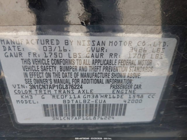 3N1CN7AP1GL876224 Nissan Versa 1.6 S/1.6 S+/1.6 Sl/1.6 Sv