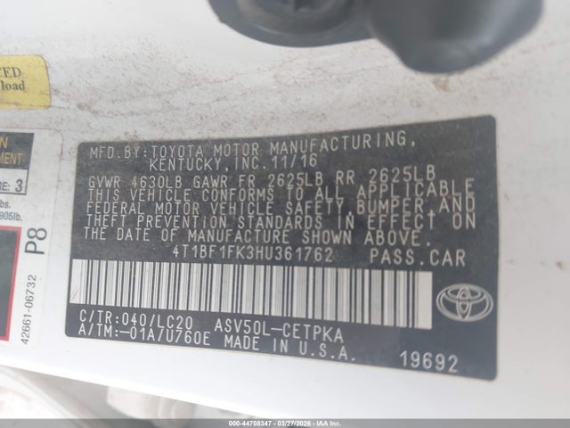 2017 Toyota Camry Xse მანქანა იყიდება აუქციონზე, vin: 4T1BF1FK3HU361762, აუქციონის ნომერი: 44708347