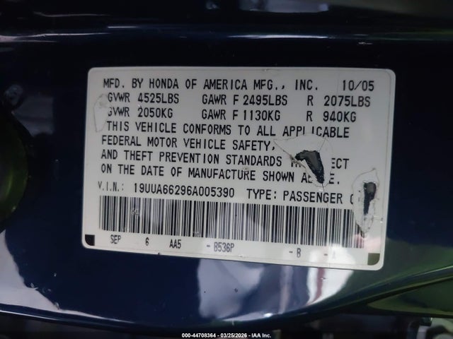2006 Acura Tl მანქანა იყიდება აუქციონზე, vin: 19UUA66296A005390, აუქციონის ნომერი: 44708364