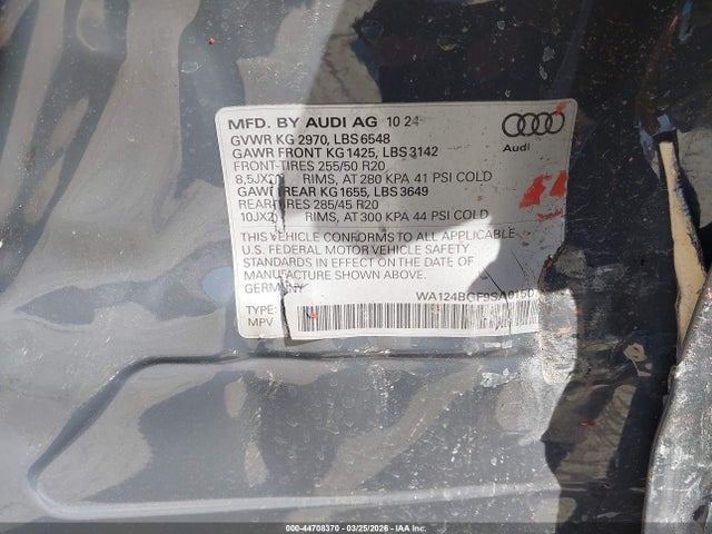 44708370 :رقم المزاد ، WA124BGF9SA015073 vin ، 2025 Audi Q6 E-tron Premium Plus Quattro مزاد بيع