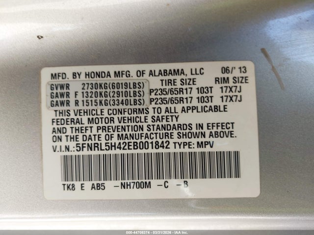 Auction sale of the 2014 Honda Odyssey Ex, vin: 5FNRL5H42EB001842, lot number: 44708374