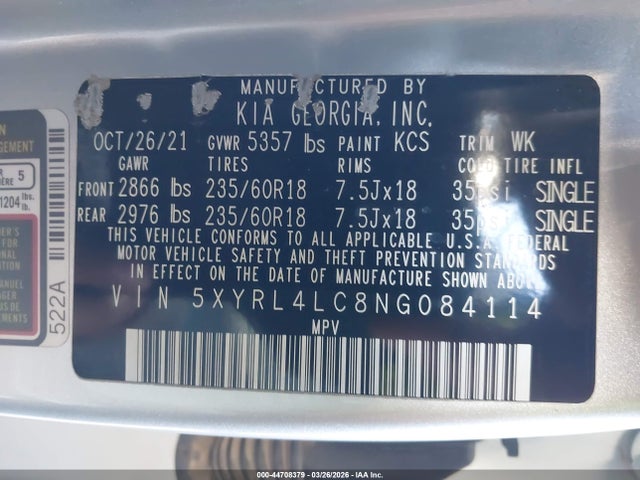 44708379 :رقم المزاد ، 5XYRL4LC8NG084114 vin ، 2022 Kia Sorento S مزاد بيع