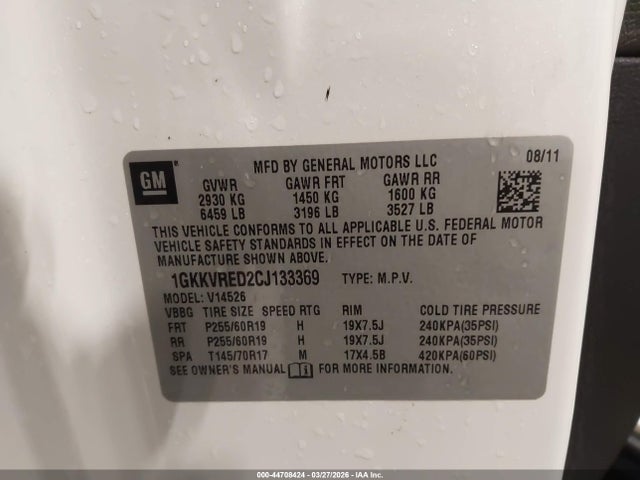Aukcja sprzedaży 2012 Gmc Acadia Slt-1, vin: 1GKKVRED2CJ133369, numer aukcji: 44708424
